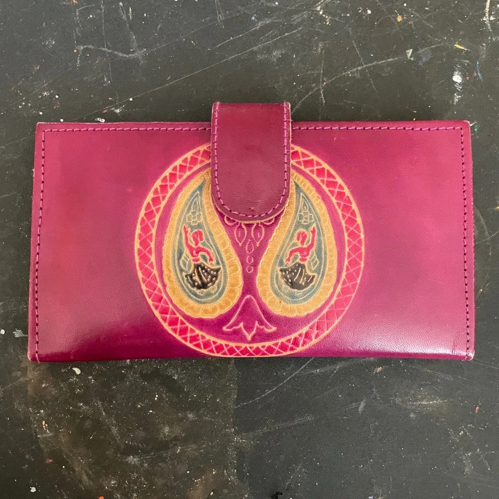 Vintage Tooled Leather Paisley Dancer Wallet Magenta Pink Boho Organizer